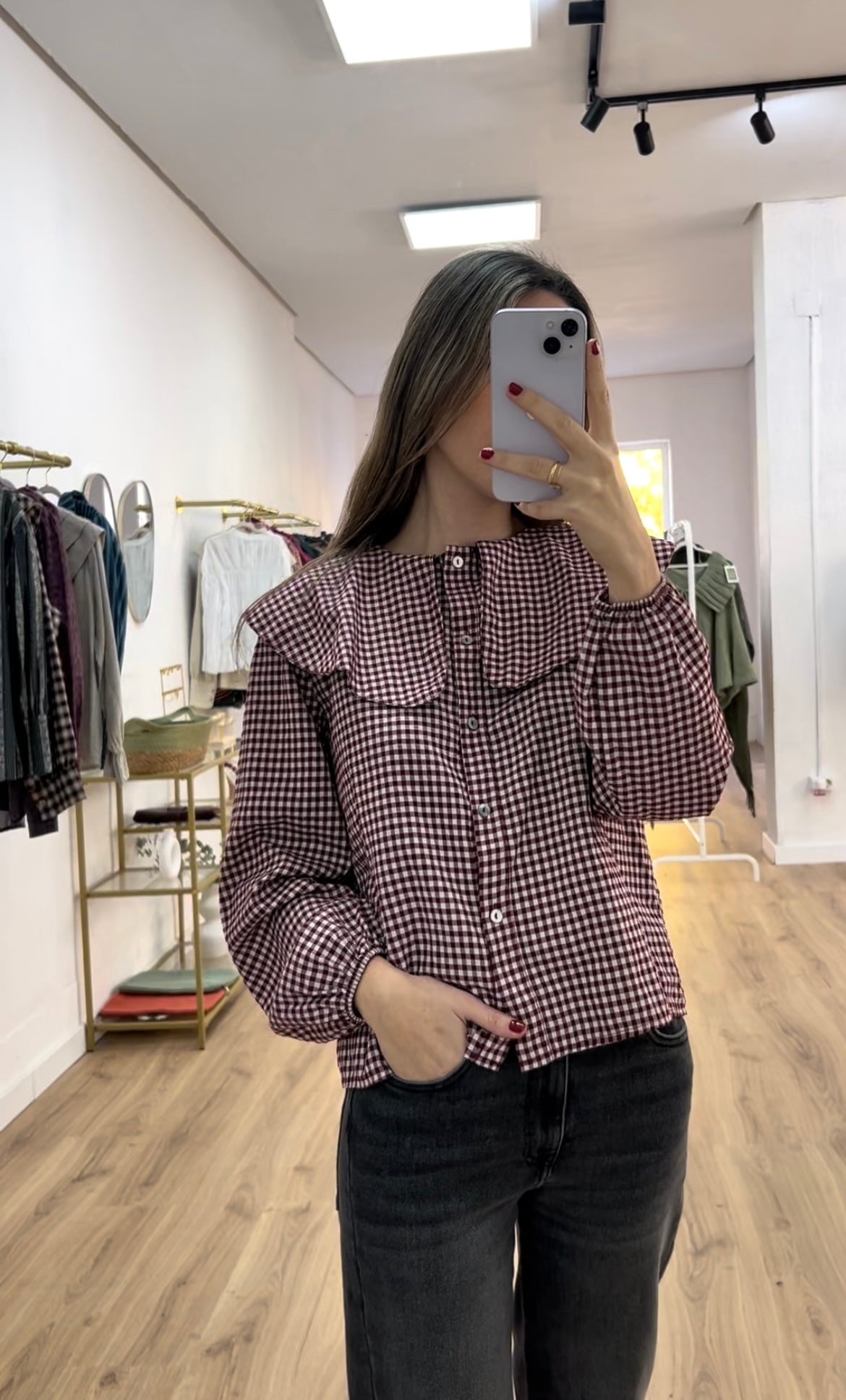 Camisa vichy cuellos burdeos