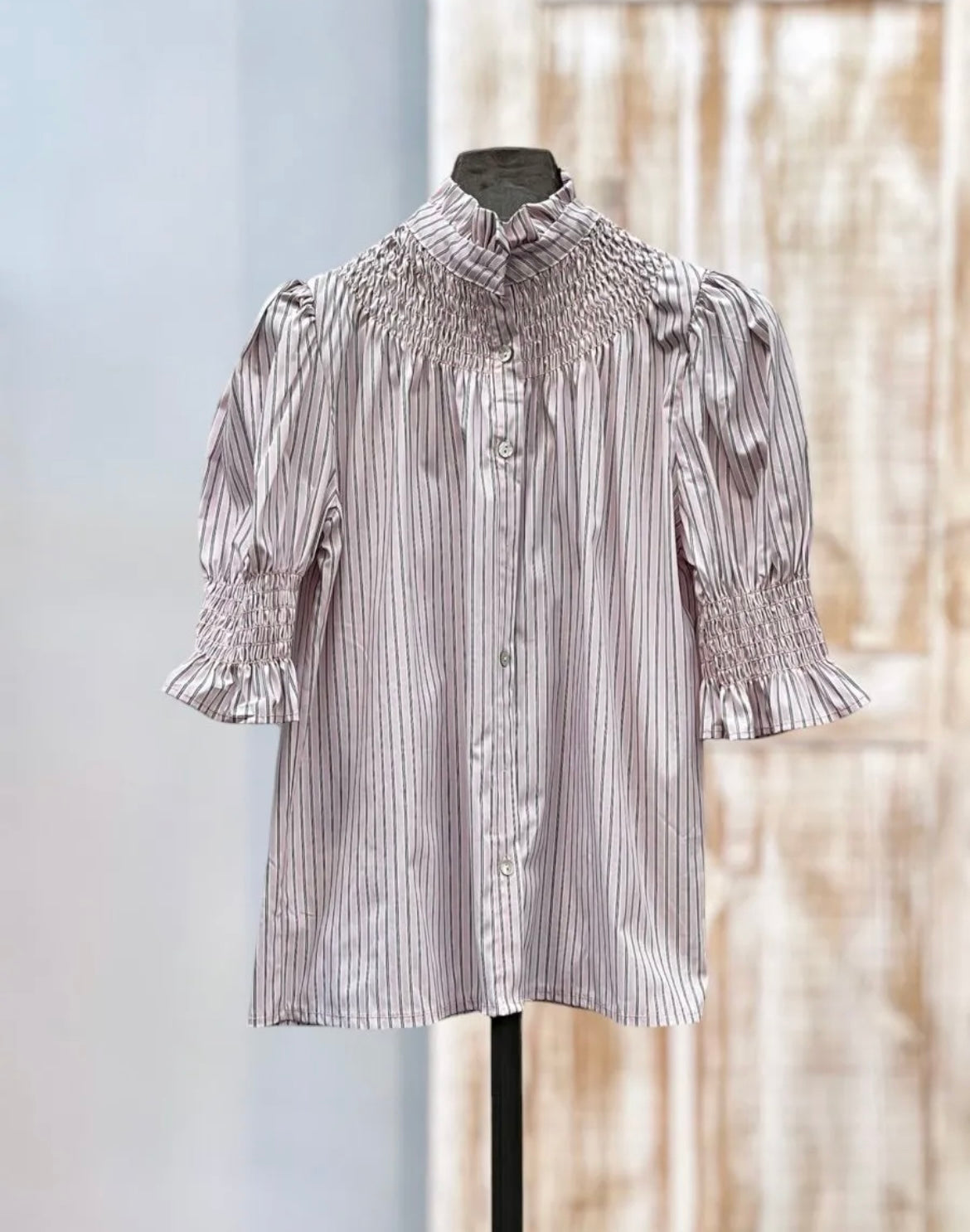 Camisa fruncida rayas rosa palo
