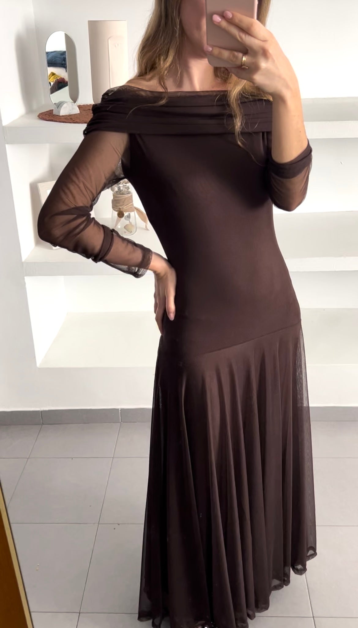 Vestido marrón chocolate palabra honor