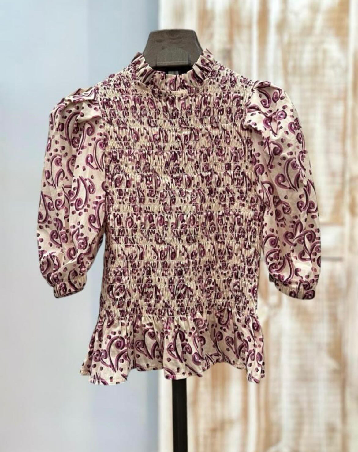 Blusa panel nido abeja tonos lila estampada