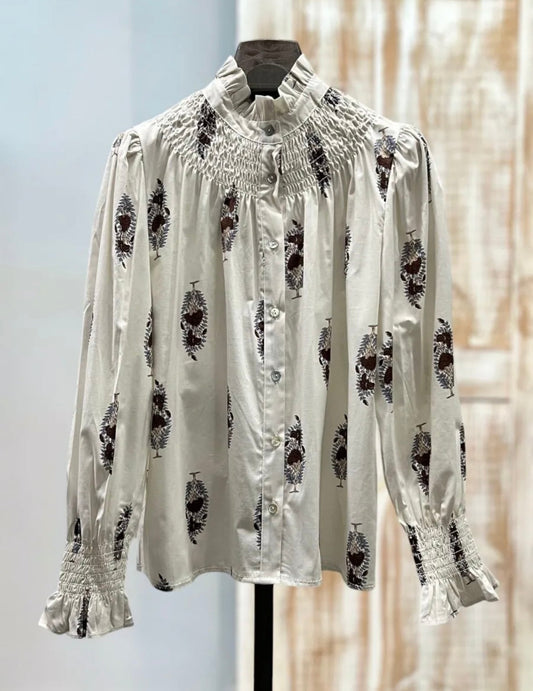 Camisa blanca fruncida estampado marrón
