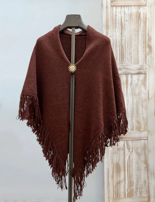 Poncho color teja flecos