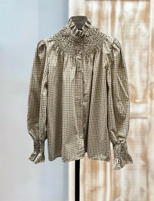 Camisa fruncida cuadros color crema