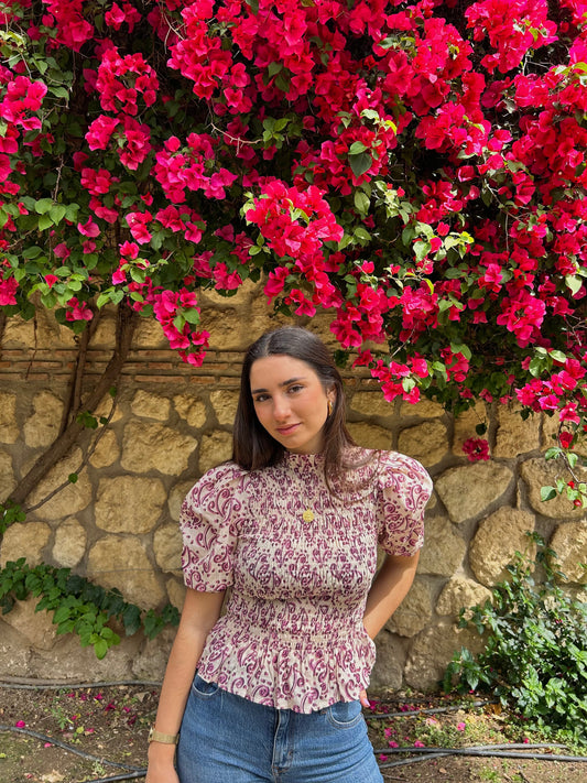 Blusa panel nido abeja tonos lila estampada