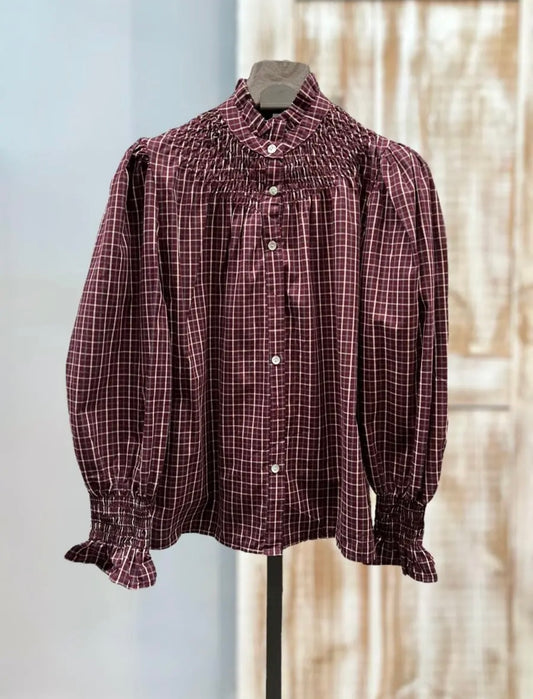 Camisa fruncida cuadros burdeos