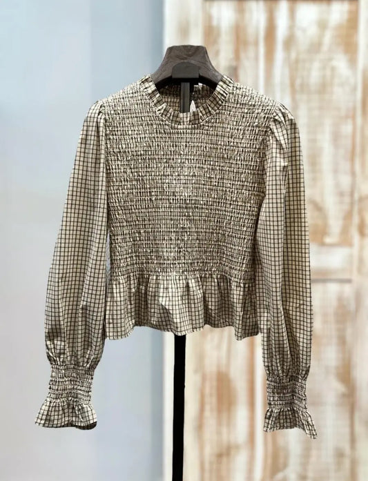 Blusa panel nido de abeja cuadros color crema