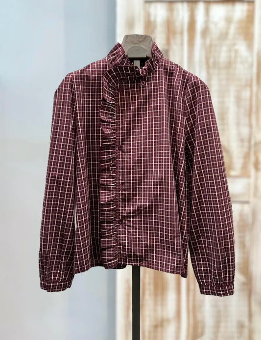 Camisa cuadros volante burdeos