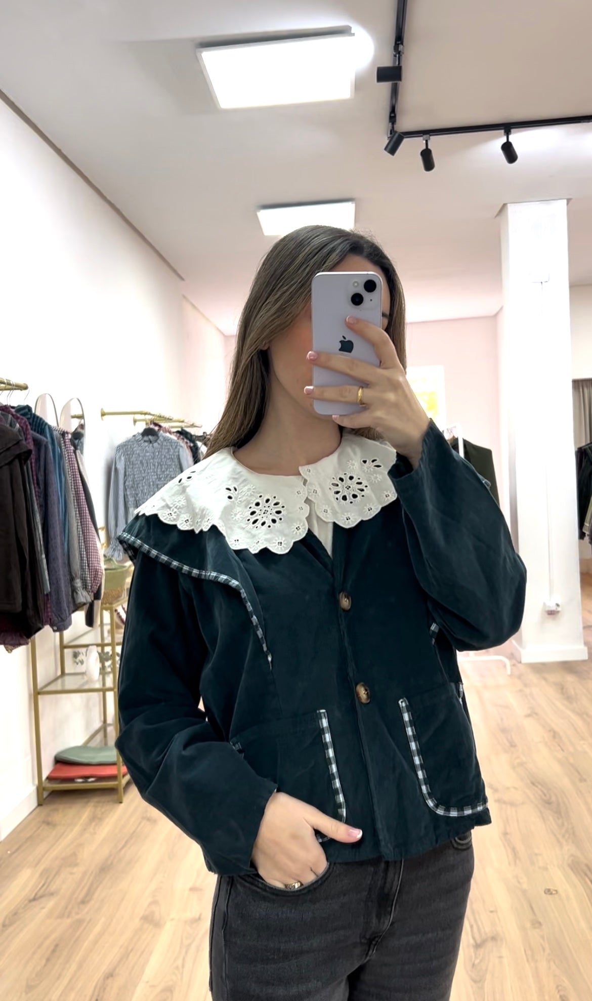 Chaqueta azul agua detalle vichy