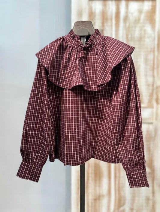 Blusa volante cuadros burdeos