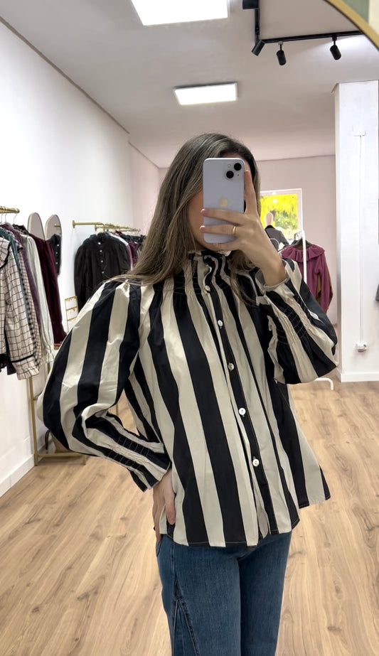 Blusa fruncida rayas gris y crema