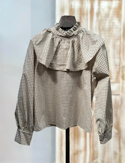 Blusa cuadros beige volante
